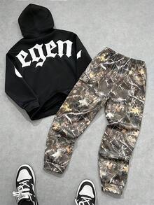 SHEIN Tween Boy 休闲街头时尚字母印花连帽衫和运动裤套装，适合通勤、上学、日常休闲装、运动、秋冬