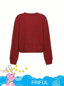 FRIFUL SHEIN X Care Bears 女式圆领字母刺绣纽扣开衫 - 紅色 - 查看 15