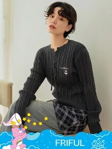 SHEIN X Care Bears FRIFUL Women's Casual Everyday Commute V-Neck Criss-Cross Tie Cartoon Embroidery Cable Knit Sweater