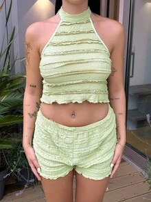 Lucia Bellido Women's Green Casual Round Neck Halter Tank Top And Loose Shorts Two-Piece Set, Spring/Summer - Green - View 3