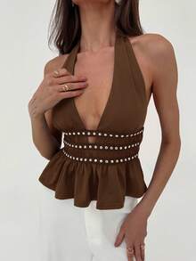 Aloruh 女式夏季时尚铆钉荷叶边下摆露背上衣 - 棕色 - 查看 8