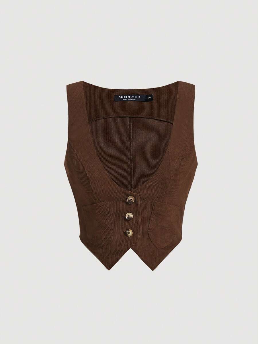 SHEIN MOD 女式纯色V领无袖前扣灯芯绒时尚背心 - 巧克力棕 - 查看 1