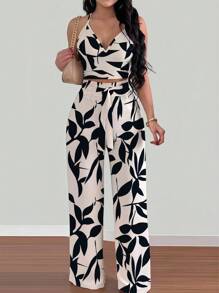INAWLY 2pcs Set Casual Vacation Low Neck Backless Strap Camisole Top And Wide Leg Pants - Apricot - View 3