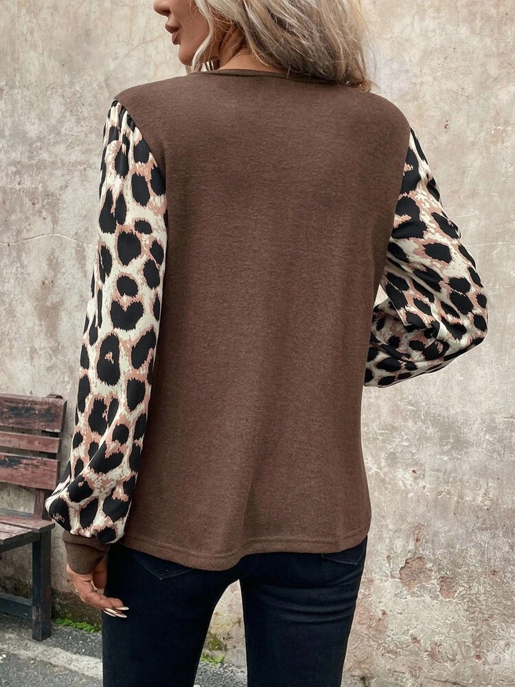 Plus Size Brown Leopard Print Round Neck Casual Versatile Long Sleeve T-Shirt, Elegant Party, Casual For Women, Leopard Print Top, ,
