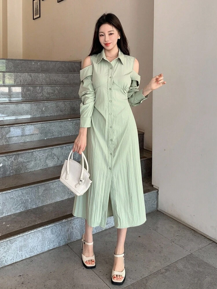 Solid Color Off-Shoulder Pleated Midi Dress For Women