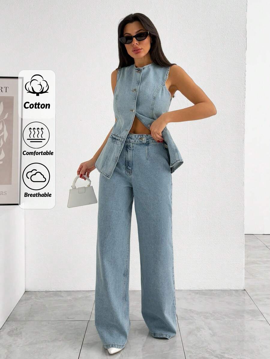 EURMUSE Set di donna composto da un gilet di jeans casual monopetto e jeans - Lavaggio chiaro - Visualizzare 1