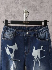 Tween Boy Fashion Stone Washed High Waist Ripped Slant Pocket Jeans With Artistic Print - Medium Wash - View 7