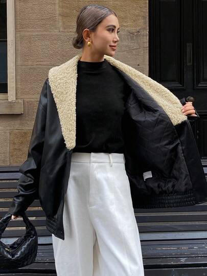 Livesso 女士宽松休闲街头风羊毛与 PU 皮革拼接 V 领棉质夹棉大衣，秋冬夹克