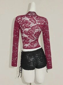 SHEIN ICON Women's Burgundy Lace Hippie Sheer Low-Cut V-Neck Long Flare Sleeve Top - Burgundy - View 2