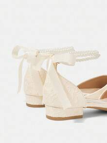 CUCCOO HITCHD 杏色仿珍珠蝴蝶结蕾丝女士平底鞋，低跟，舒适，优雅，适合婚礼、圣诞节等场合，镂空平底鞋，优雅婚鞋，春季鞋，新娘鞋 - 杏色 - 查看 9