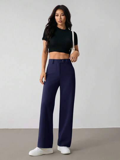 SHEIN PETITE Pantalones rectos elegantes de oficina con cremallera de unicolor para mujer