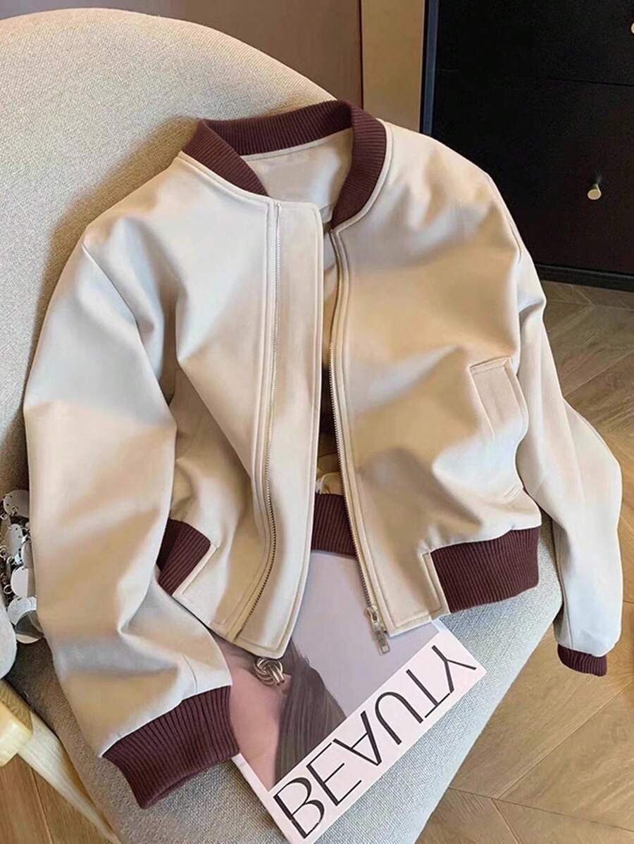 INAWLY 大码女式休闲时尚拼色拉链口袋飞行员夹克,春秋季 - 卡其色 - 查看 1