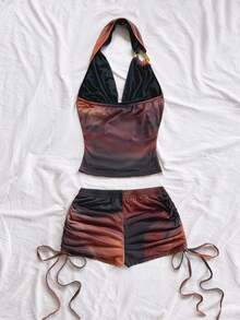 Soleia Set da 2 pezzi da donna per vacanze: top con spalline metalliche a canottiera e pantaloncini con coulisse in vita bassa, elegante e sexy, adatto per vacanze, feste, appuntamenti, spiaggia, estate, vacanze, matrimoni, crociere in spiaggia, vacanze in città, vacanze bohémien, festival musicali - Caffè Marrone - Visualizzare 2