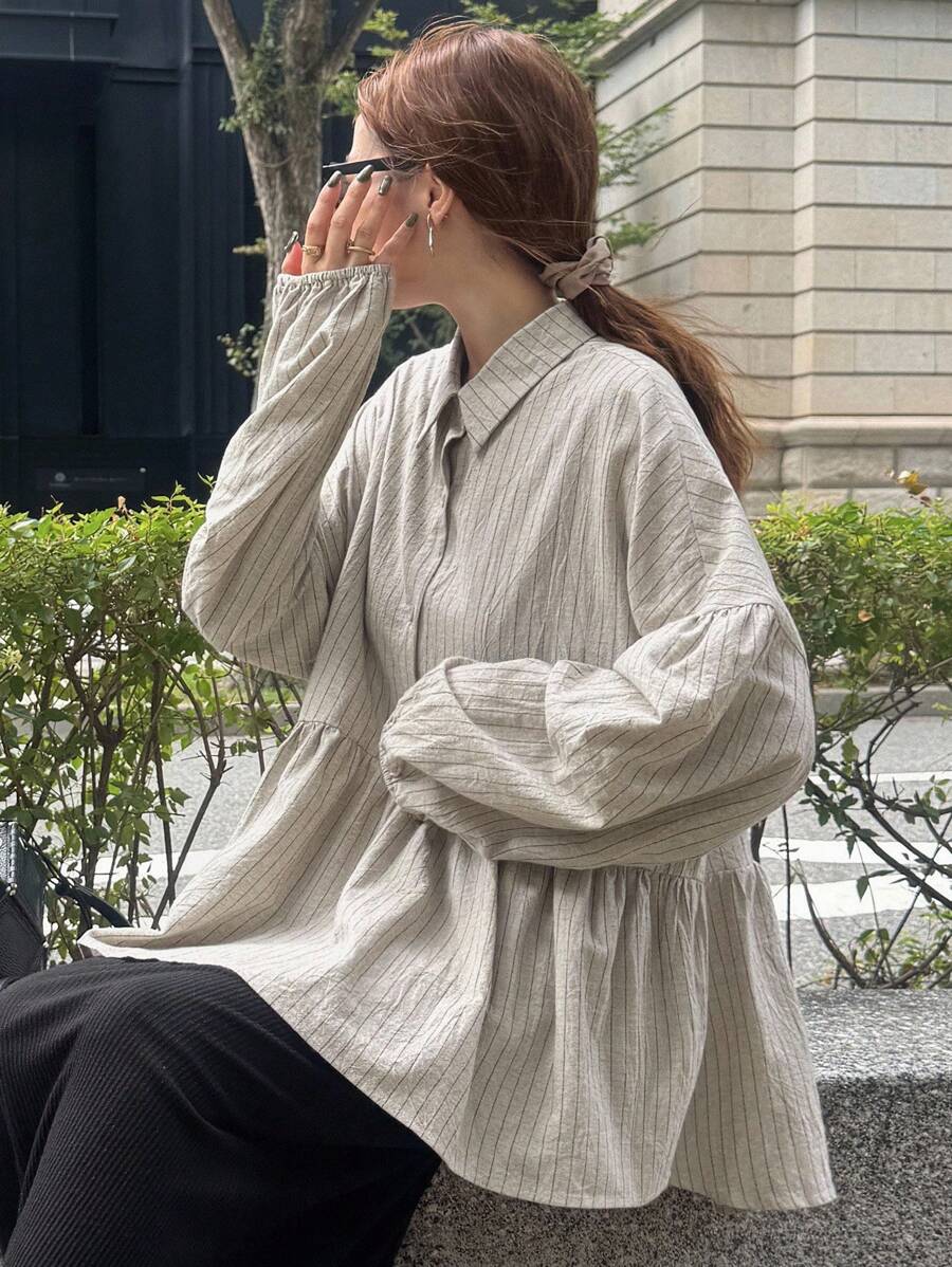 FRIFUL Women's Regular Collar Lantern Sleeve Loose Ruffled Hem Striped Contrast Color Blouse Women Oversized Tops Oversized Shirt Women Striped Oversized Shirt Baggy Shirt Oversized Blouse Long Sleeve Top