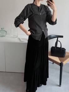 Women's Round Neck 2 In 1 Camisole With Bowknot Decor, Front Zipper Decoration, Solid Color Urban Sweater Fall - Black - View 5