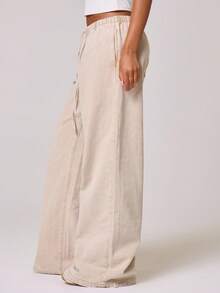 MUSERA Drawstring Waist Wide Leg Jeans Fall Winter Spring Summer - Apricot - View 3