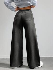 SHEIN Tall CURVE 加大码女式浅蓝色宽松牛仔裤夏季度假女士俱乐部办公室女士乡村音乐会狂欢巡航女式垃圾摇滚高腰牛仔裤 - 黑色 - 查看 4