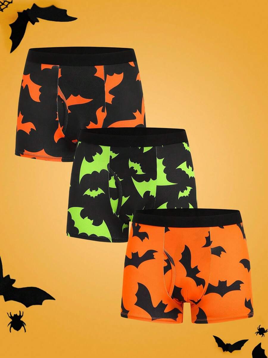Notgurli 3pcs Glow-In-The-Dark Bat Print Funny Comfortable Contrast Color Men's Boxer Briefs, Halloween - Multicolor - View 1