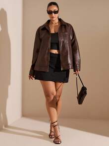 SHEIN BAE 大码女式秋季长袖拉链领PU皮革口袋宽松休闲夹克 - 棕色 - 查看 7
