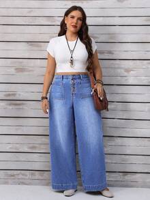 EMERY ROSE Plus Size Women High Waist Wide Leg Jeans With Buttons And Pockets Casual Street Patchwork Pocket Loose Wide Leg Jeans Women Jeans Baggy Loose Jeans,Fall Clothes For Women - Medium Wash - View 8