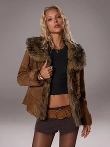 TRNVIE 1 件女式复古波西米亚风格仿麂皮毛领 Y2K 夹克，棕色，冬季 - 棕色 - 查看 7