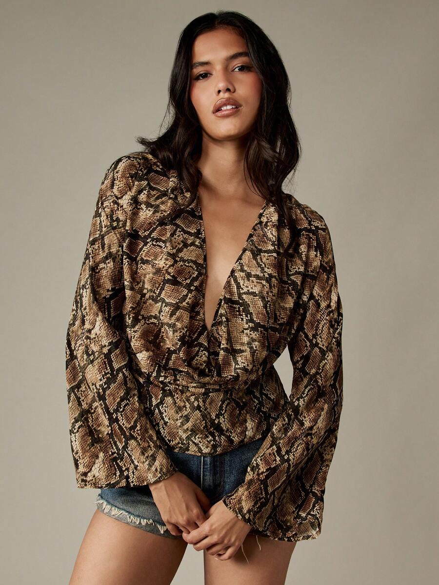 MISSGUIDED Snakeskin Print Cowl Front Blouse With Open Back Design Long Sleeve Evening Party Wear Fashion Statement Top Fall Winter Collection Elegant Drape - Multicolor - View 1
