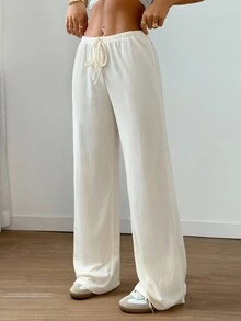 SHEIN Tall 1 件女式杏色针织弹力面料长裤，口袋，抽绳，低腰，松紧腰带，休闲日常穿着，秋季 - 杏色 - 查看 6