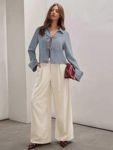 COSMINA Women's Plain Khaki Front Tie Long Sleeve Minimalist Business Casual Work Shirt, Casual Daily Wear FAll - Baby Blue - View 7