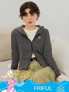 SHEIN X Care Bears FRIFUL Women's Striped Bear Pattern Zip-Up Hooded Long Sleeve T-Shirt - Grey - View 10