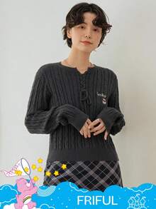 SHEIN X Care Bears FRIFUL Women's Casual Everyday Commute V-Neck Criss-Cross Tie Cartoon Embroidery Cable Knit Sweater
