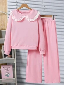 女童彼得潘领荷叶边长袖运动衫和松紧腰裤休闲校园淑女装 - 粉色 - 查看 4