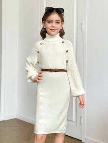 Vestido de malha elegante e quente com gola alta para meninas pré-adolescentes, uso diário, estilo feminino