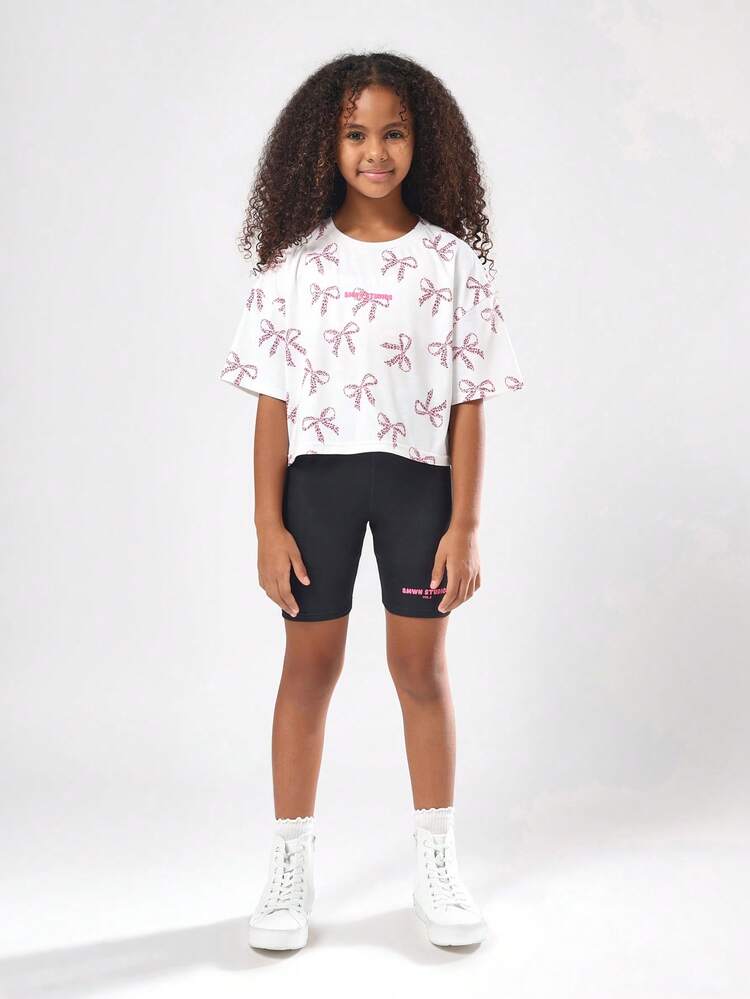Cropped White T-Shirt With Bow Print And Bike Shorts Set
