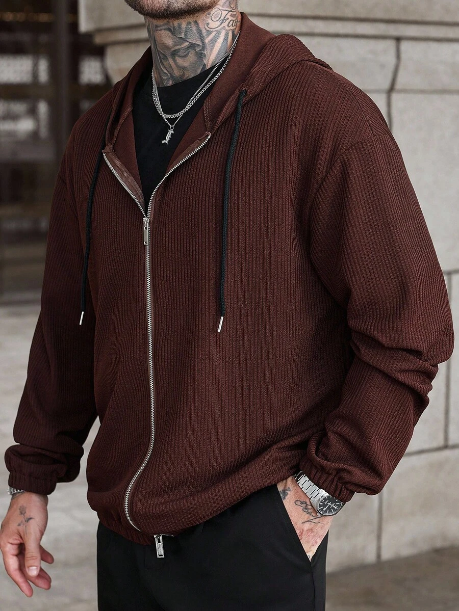 Manfinity Homme Men's Solid Color Long Sleeve Zip-Up Drawstring Hoodie, Autumn Zip Up Hoodie Men Men Ribbed Zip Up Hoodie - Coffee Brown - View 1