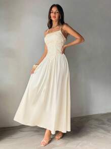 Aloruh Women's Elegant Mesh Embroidered Patchwork Waist Flared Satin Solid Maxi Dress, Beige - Apricot - View 2