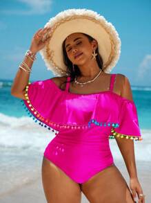 Swim Vcay Plus Size Solid Color Fringe One-Piece Swimsuit, Fashionable For Summer - Hot Pink - View 6
