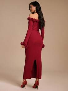 Glamine Elegant Commuter Solid Color Off Shoulder Long Knit Dress - Burgundy - View 2