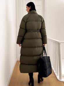 EURMUSE Women Long Green Belted Winter Coat - Army Green - View 2