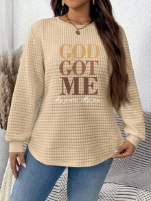 EMERY ROSE Sudadera con estampado de eslogan "Dios me tiene" de tela de gofre para otoño, invierno y Halloween, sudadera cristiana "Dios me tiene", sudadera de talla grande cómoda para otoño - Multicolor - Ver 4