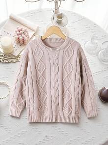 SHEIN Girls' Cable Knit Pullover Sweater,Pink Retro Round Neck Twist Stitch Sweaters For Autumn,Soft Fashionable Back-To-School,Holiday,School Traveling - Khaki - View 3