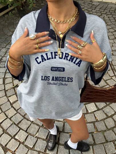 Muchica Casual Street Fashion Contrast Color Design Half-Open Collar Polo Shirt, Oversized Short Sleeve T-Shirt, Suitable For Summer & Back To School Season Back To School Teacher