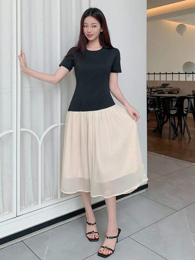 Color Block Round Neck Mid-Length Dress For Women Summer Women Dresses Sundress