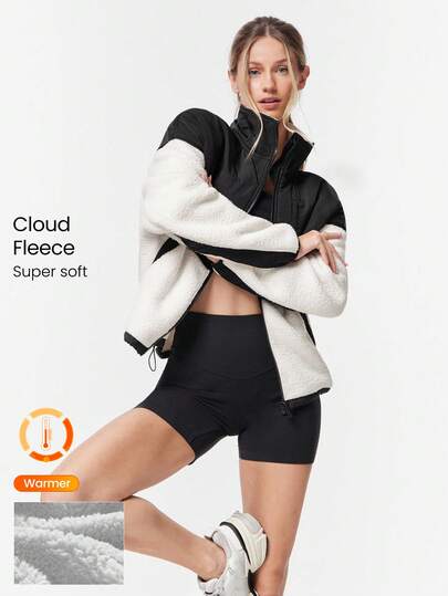 GLOWMODE Cloud Fleece Double The Glow Two-Tone Waist-Length Drawstring Hem Zip-Up Jacket With Side Zipper Pockets Daily Casual Wear Fall Winter