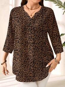 EMERY ROSE Camisa de mujer de talla grande con estampado de leopardo de 3/4 de manga, adecuada para ir al trabajo y salidas de otoño - Multicolor - Ver 5