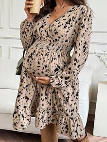 SHEIN Maternity Allover Print Shirred Lantern Sleeve Gathered Waist Elegant Dress Leopard Print Midi Dress Long Sleeve Midi Dress  Fall Women Clothes  Fall - Khaki - View 1