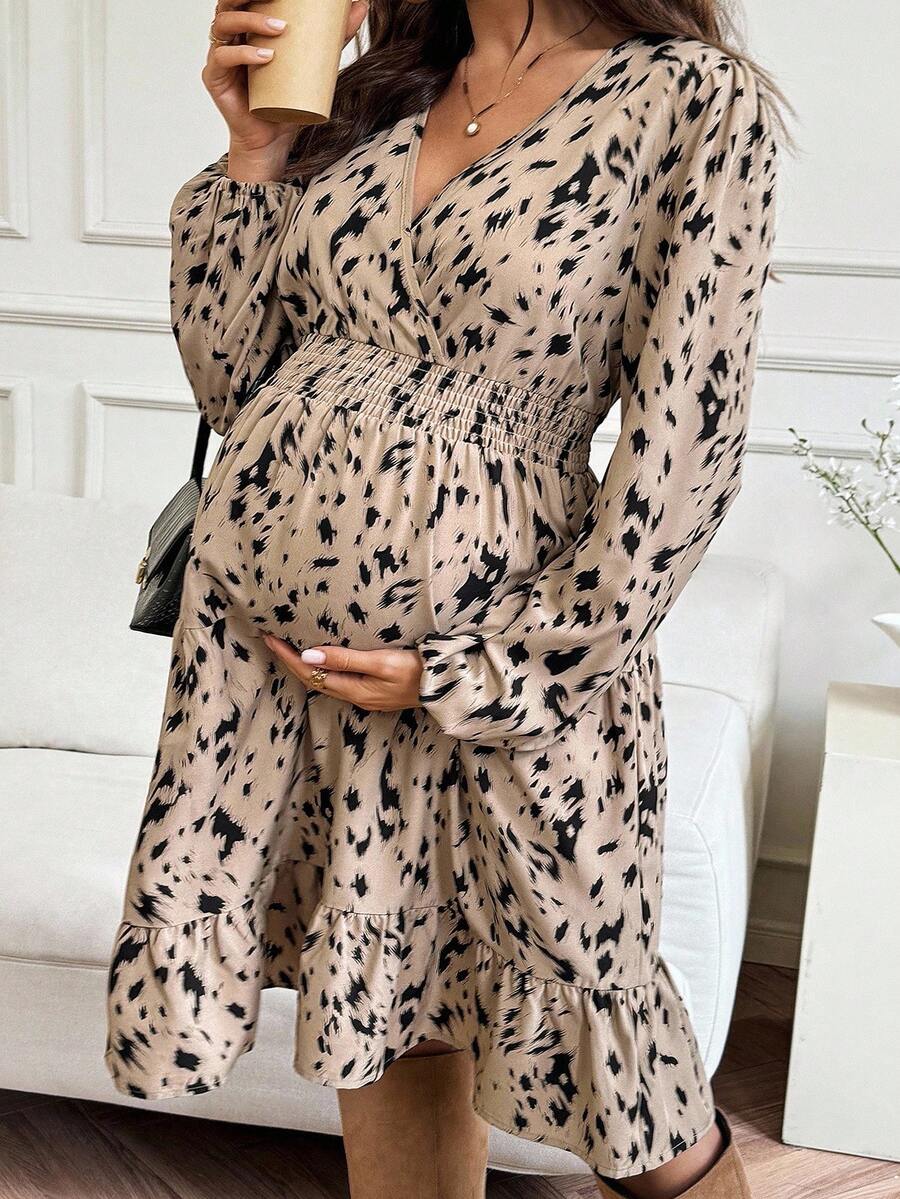 SHEIN Maternity Allover Print Shirred Lantern Sleeve Gathered Waist Elegant Dress Leopard Print Midi Dress Long Sleeve Midi Dress  Fall Women Clothes  Fall - Khaki - View 1