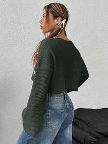 EURMUSE Women's Casual Cute V-Neck Dropped Shoulder Loose 3D Bow Decor Cropped Pullover Sweater, Autumn/Winter - Army Green - View 2