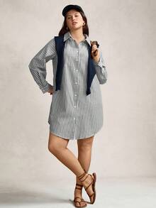 Zelara Plus Size Blue And White Striped Knee-Length Fall Dresses With Open Shirt Collar Baby Blue Dress Women Dress With Sleeves Blue Homecoming Dress Comfortable Cotton Business Casual Woman Work Dress Business Dress