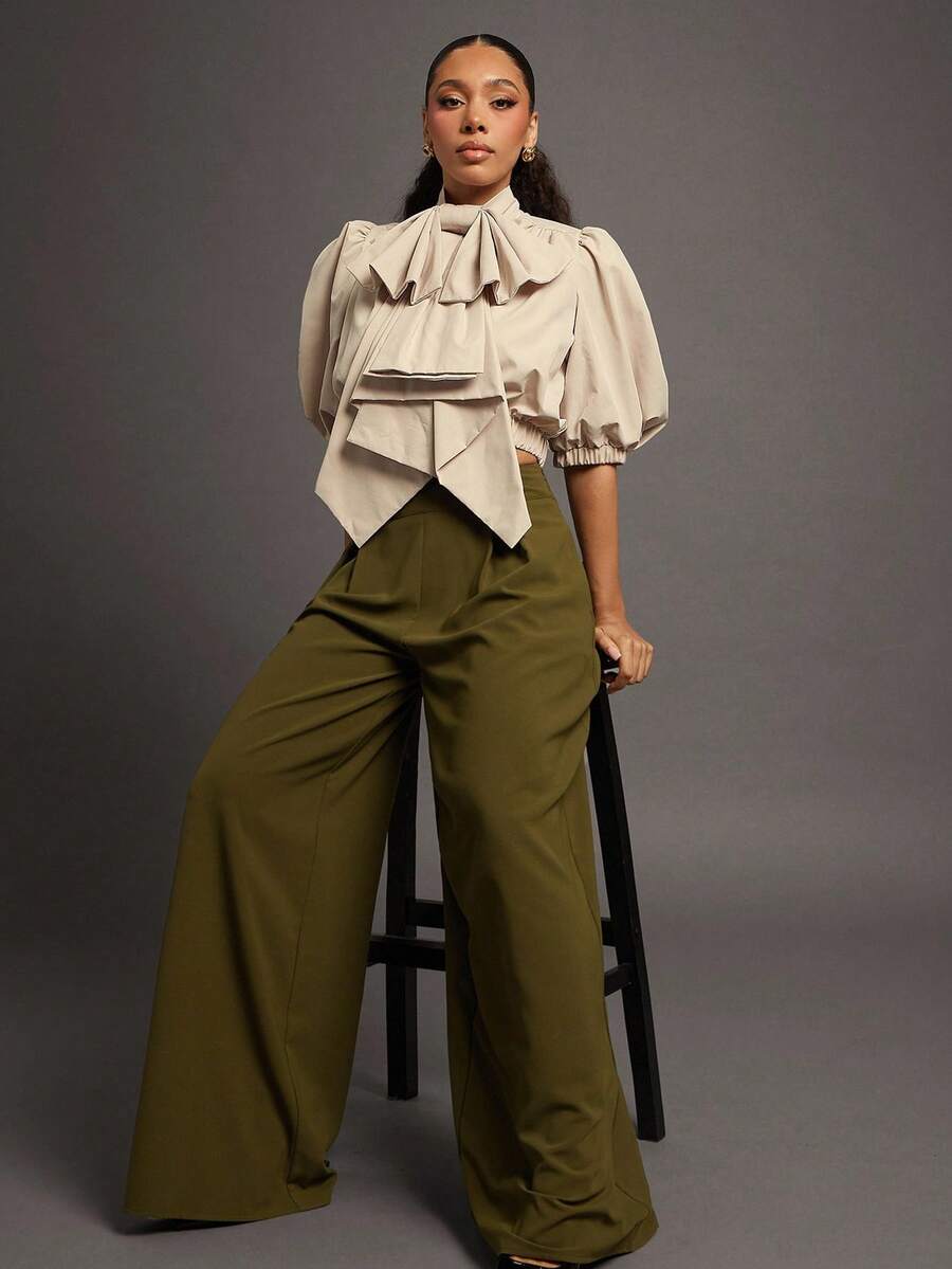 Vixey 夸张蝴蝶结泡泡袖拉链梭织上衣，商务休闲女装，办公室