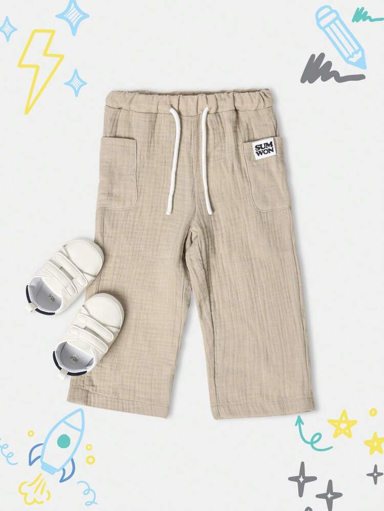 Textured Linen Feel Pull On Pants With Drawstring Waist